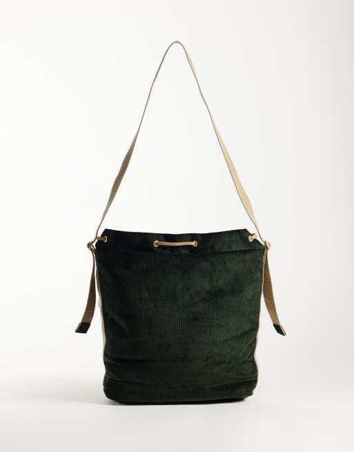 Barbour Mia wax and corduroy drawstring bag with strap in moss green, 4 of 4