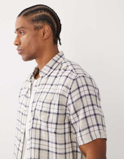 Barbour Midfield short sleeve small check tartan shirt in beige/blue, 3 of 5