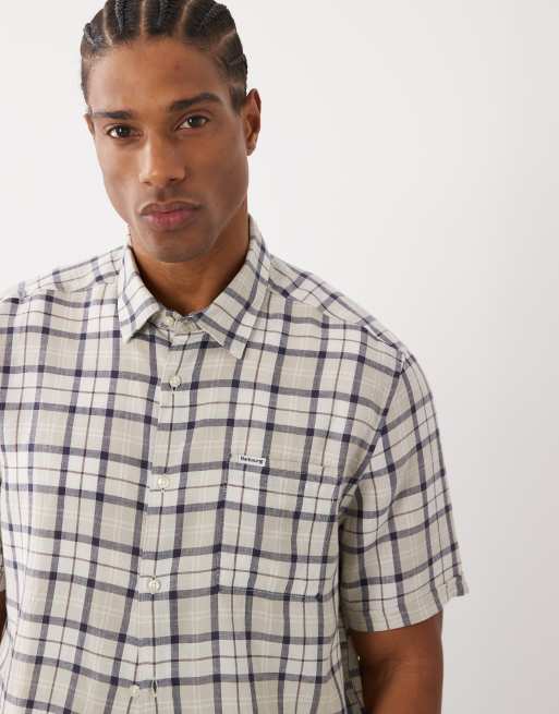 Barbour Midfield short sleeve small check tartan shirt in beige/blue, 5 of 5