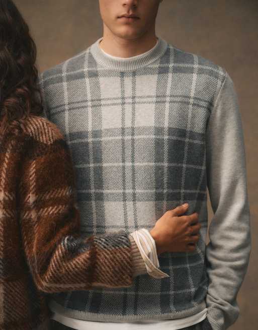 Barbour Mineral knitted tartan check crew neck jumper in light grey, 2 of 8
