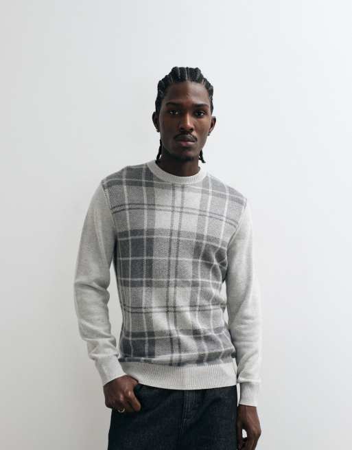 Barbour Mineral knitted tartan check crew neck jumper in light grey, 5 of 8