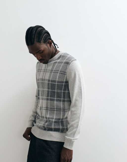 Barbour Mineral knitted tartan check crew neck jumper in light grey, 6 of 8