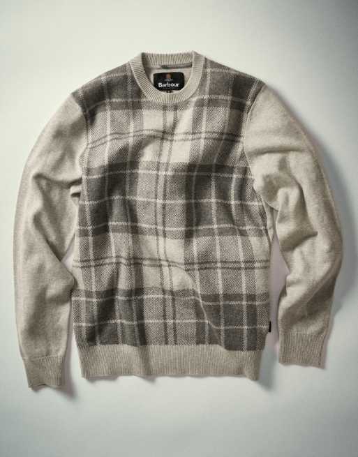 Barbour Mineral knitted tartan check crew neck jumper in light grey, 8 of 8