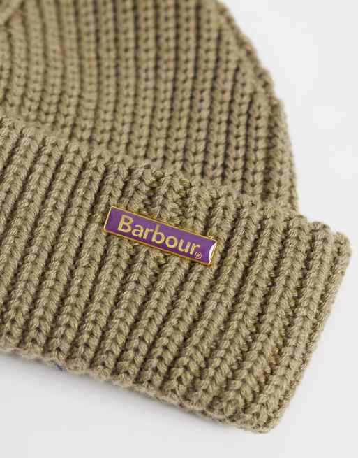 Barbour Mosely knitted logo fisherman beanie in beige, 3 of 3