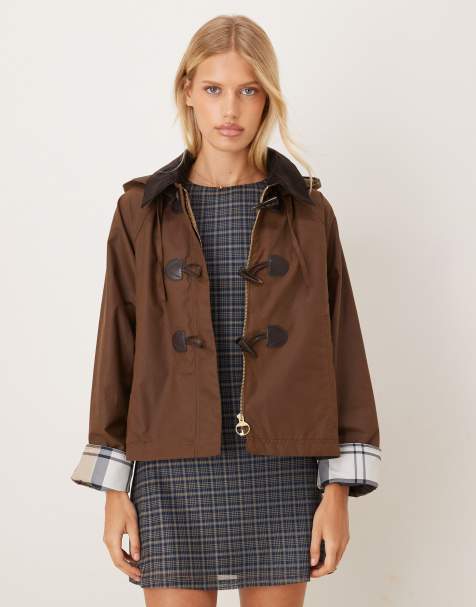 Barbour Myra wax duffle jacket in dark brown with tartan lining - view 1