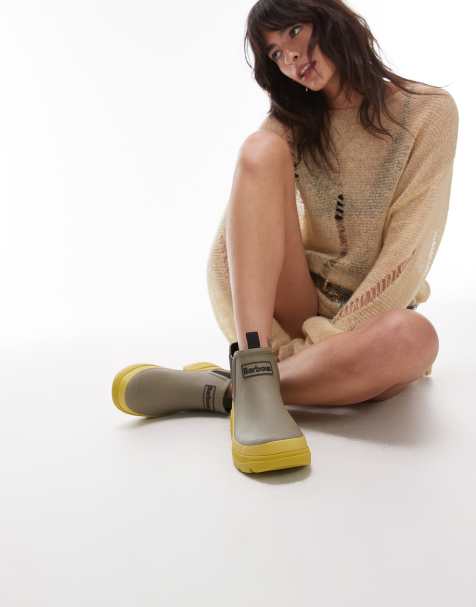 Barbour Nimbus contrast sole short wellington boots in khaki/limeade - view 1