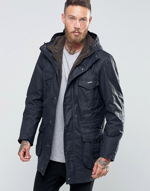 Barbour | Barbour Oakum Wax Hooded Jacket With Borg Lining In Navy