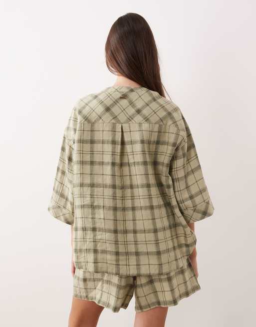 Barbour Orla co-ord short sleeve linen oversized collarless tartan shirt in green, 4 of 4