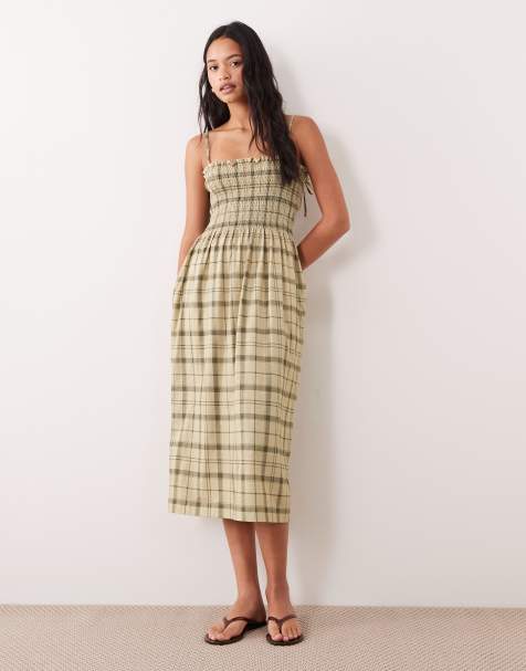 Barbour Orla shirred tartan strappy midi dress in green