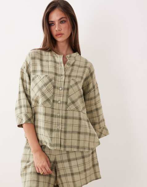 Barbour Orla short sleeve linen oversized collarless tartan shirt in green (part of a set) - view 1