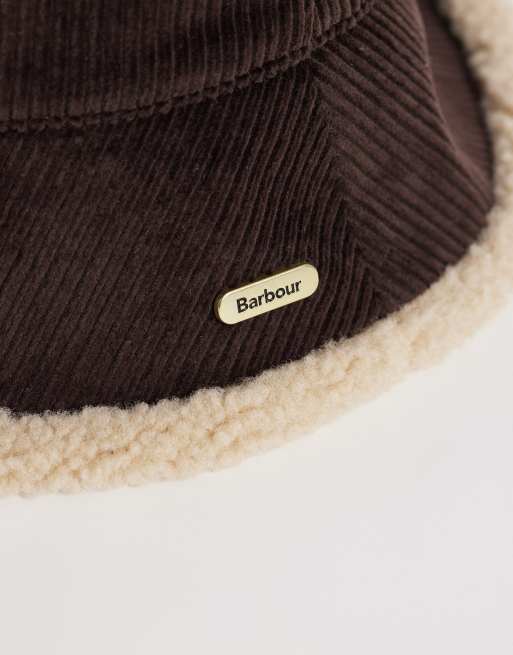 Barbour Overton reversible cord/fleece logo bucket hat in brown/beige, 2 of 3