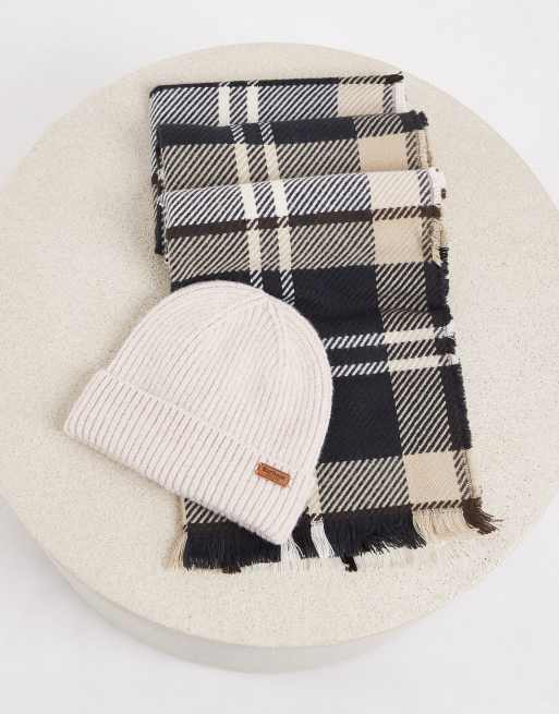 Barbour Pendle knit tartan check scarf and beanie gift set in beige, 2 of 3