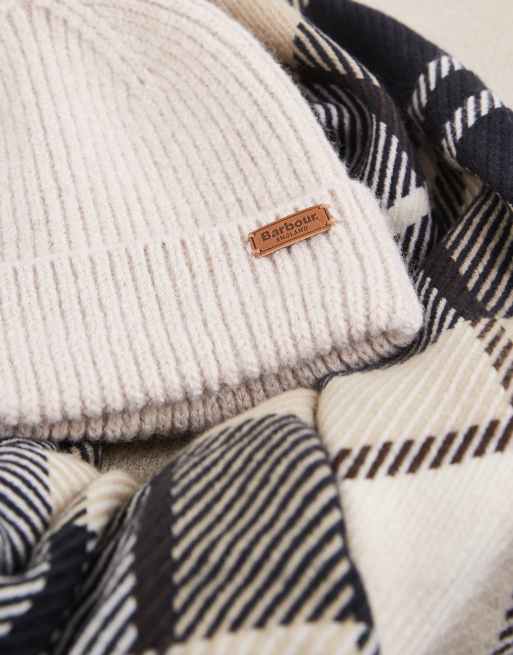 Barbour Pendle knit tartan check scarf and beanie gift set in beige, 3 of 3