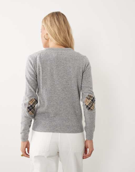 Barbour Pendle tartan check detail button through knitted cardigan in grey, 4 of 4