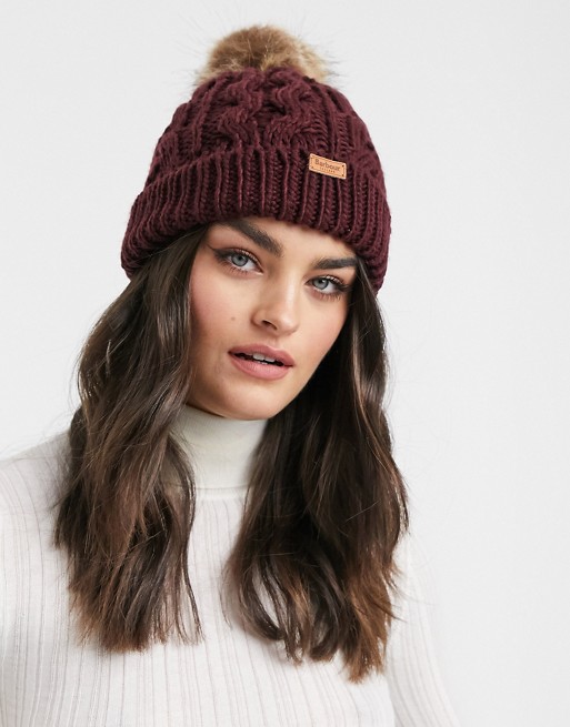 Barbour Penshaw cable knit beanie in burgundy