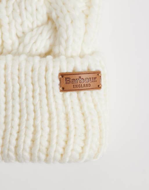 Barbour Penshaw cable knit pom pom beanie in white, 2 of 3