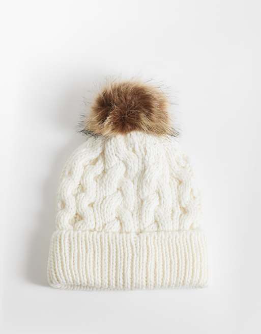 Barbour Penshaw cable knit pom pom beanie in white, 3 of 3