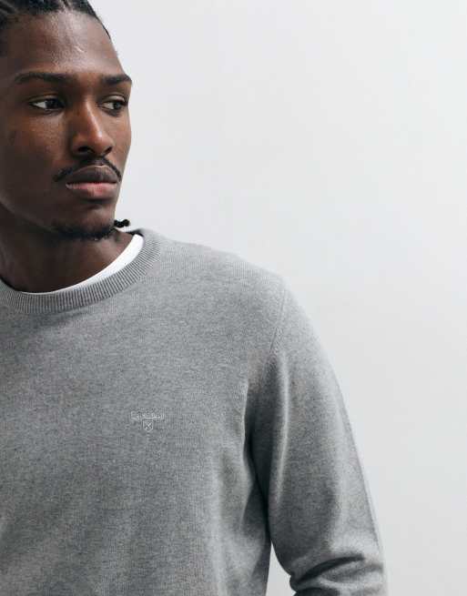 Barbour pima cotton crewneck knitted logo jumper in grey, 2 of 5