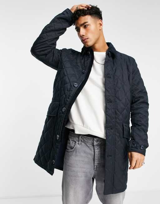 Barbour quilted mac coat with tartan inner in navy | ASOS
