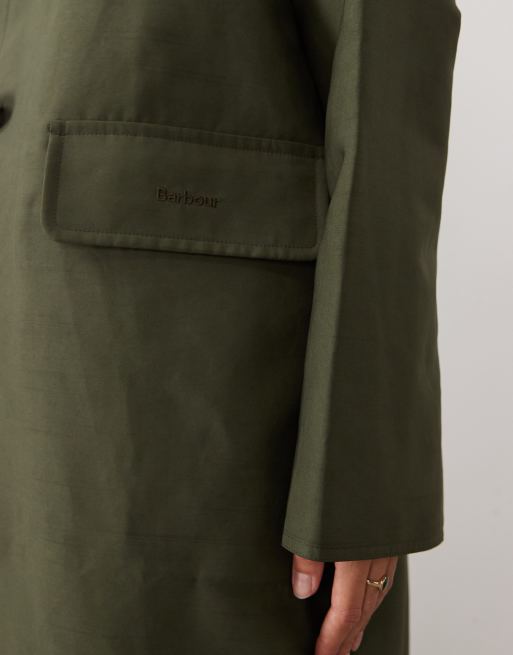 Barbour Ria showerproof button through trench coat in olive green, 3 of 4