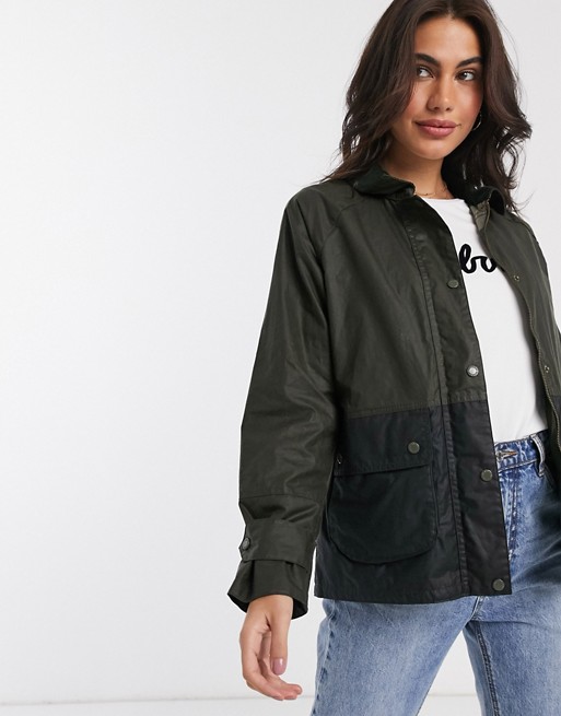 Barbour Robyn wax jacket in green with navy panel
