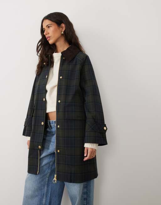 Barbour Sally showerproof long tartan check jacket in navy/green, 2 of 4
