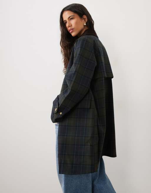 Barbour Sally showerproof long tartan check jacket in navy/green, 3 of 4