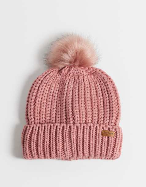 Barbour Saltburn acrylic knit rib pom pom beanie in dusty pink - view 1