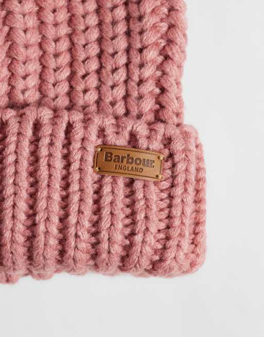 Barbour Saltburn acrylic knit rib pom pom beanie in dusty pink, 2 of 3