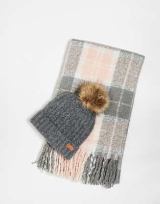 Barbour Saltburn beanie and tartan scarf gift set in grey pink