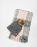 [Barbour] Barbour Saltburn beanie and tartan scarf gift set in grey and pink One Size Grey rose