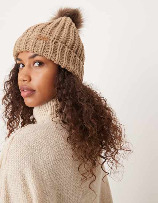 Barbour Saltburn Beanie NWOT Knit Hat OS Pearl Cream Faux Fur Pom Pom‎ Barbour Women main image 3