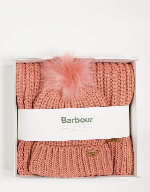 Pink Barbour Scarves Ladies Barbour Saltburn Beanie Scarf Gift Set