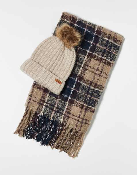 Barbour Saltburn beanie & tartan scarf gift set in gardenia tartan - view 1
