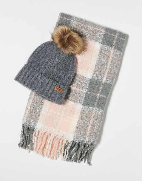 Barbour Saltburn beanie & tartan scarf gift set in grey rose - view 1