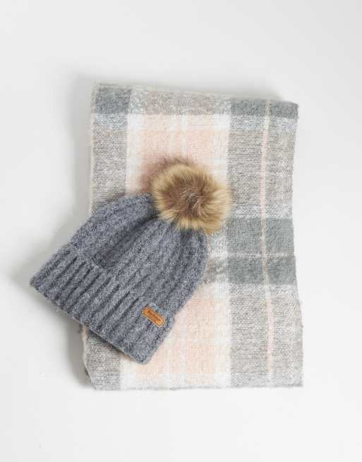 Barbour Saltburn knit scarf and pom pom beanie gift set in pink/grey, 2 of 3