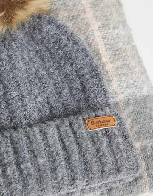 Barbour Saltburn knit scarf and pom pom beanie gift set in pink/grey, 3 of 3