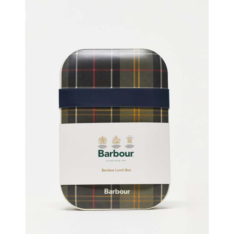 Barbour Set mit Lunchbox und Besteck aus Bambus mit mehrfarbigem Karomuster ASOS