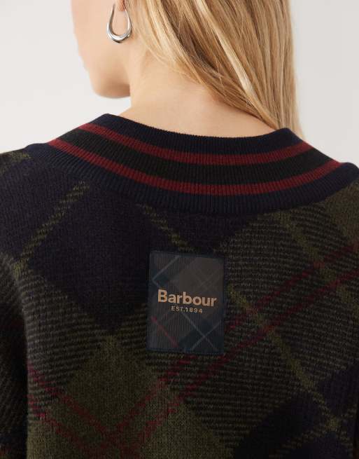 Barbour Shae v neck tartan check knitted jumper in navy/green, 3 of 4