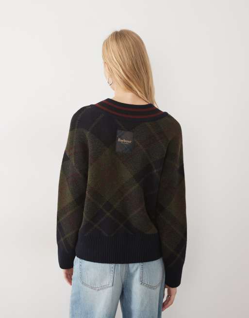 Barbour Shae v neck tartan check knitted jumper in navy/green, 4 of 4