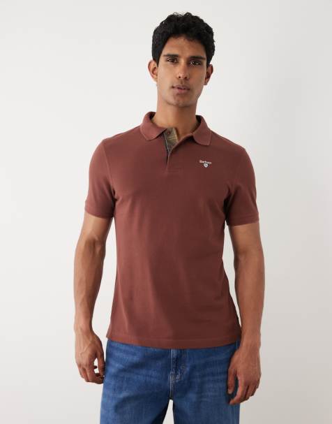 Barbour short sleeve tartan detail pique polo shirt in brown - view 1