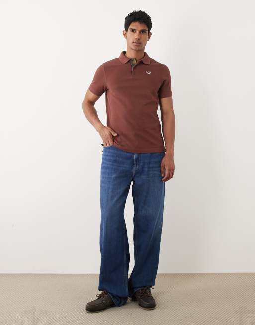 Barbour short sleeve tartan detail pique polo shirt in brown, 2 of 5