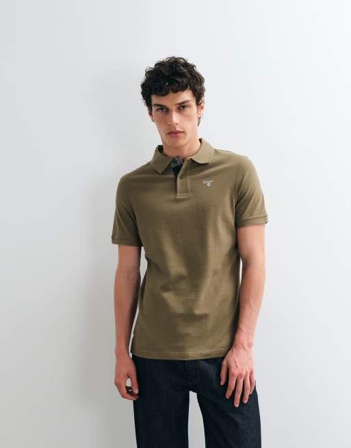 Barbour short sleeve tartan detail pique polo shirt in khaki , 4 of 5