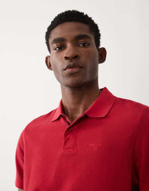 Barbour short sleeved tailored fit pique logo polo shirt in washed red, 5 of 5