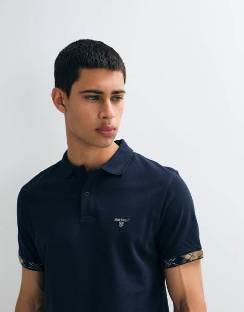 Barbour Stanford short sleeve tailored logo polo shirt with tartan tipping in navy - view 1