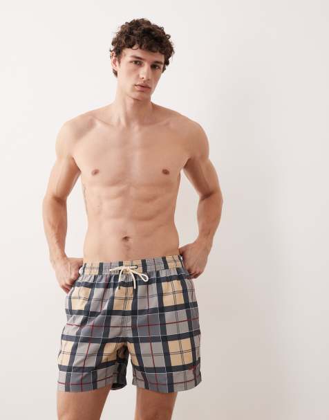 Barbour Staple tartan check logo swim short in blue/beige