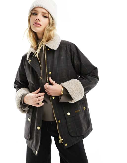 Barbour - Swainby - Giacca cerata verde a quadri scozzesi con colletto in pile teddy