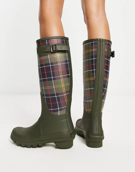 Barbour Tartan Bede tall wellington boots in green | ASOS