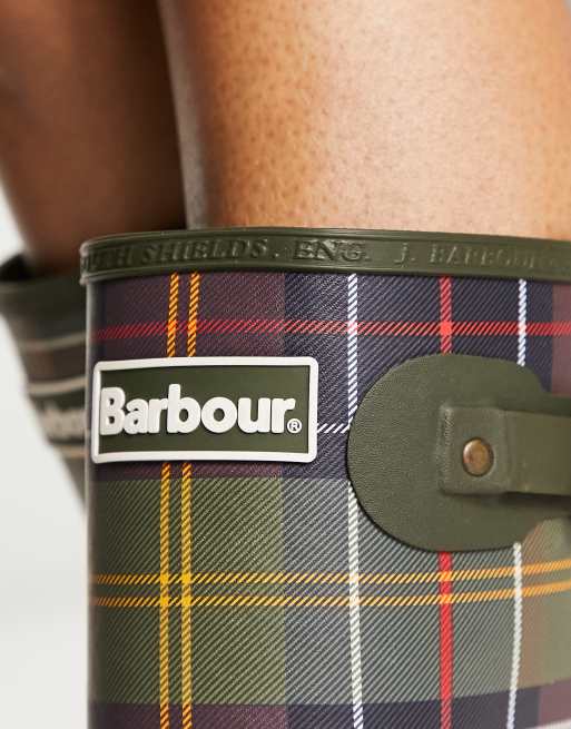 Barbour Tartan Bede tall wellington boots in green | ASOS