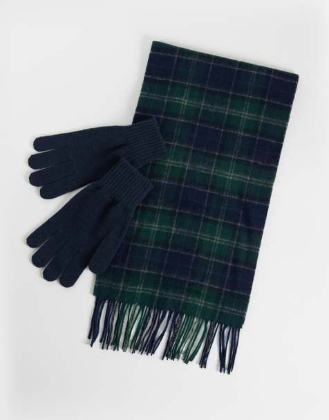 Barbour tartan check scarf and gloves gift set in green/navy - view 1